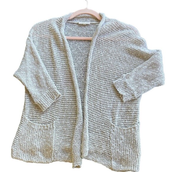EILEEN FISHER Size P Small Cardigan Sweater Beige Crochet Open Front Pockets - Picture 3 of 12